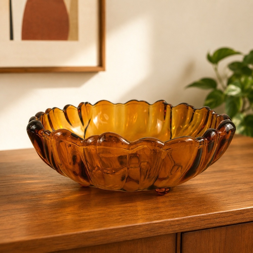 Vintage Indiana Glass Amber Sunflower Footed Console Fruit Bowl 10 Inch